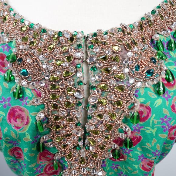 Vintage Plenty by Tracy Reese Green Floral Crystal Beaded Cotton Mini Dress 8 - Picture 7 of 16